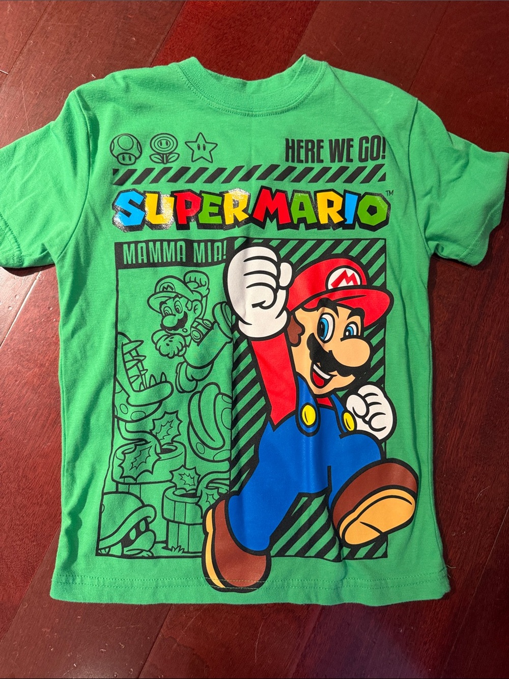 Nintendo Super Mario Kids Green Tee with Colorful Mario Graphic